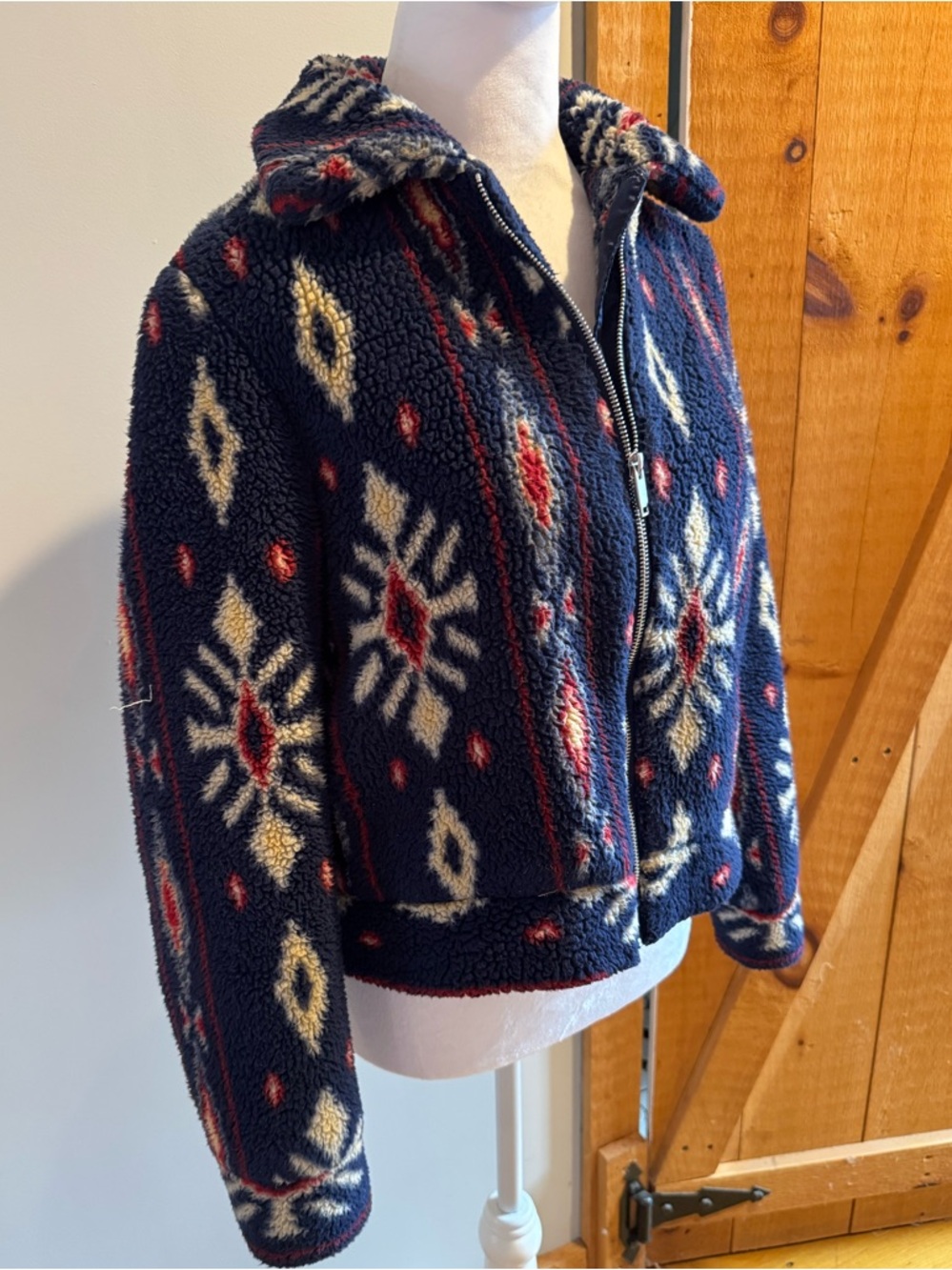 Women’s Navy Tribal Print Sherpa Fleece Zip Jacket, M
